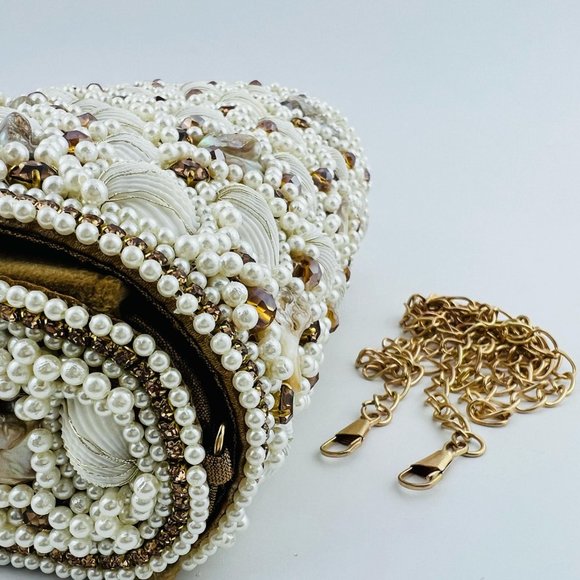 Women Summer Seashells Suede CZ Stones Clutch Bag Purse Wrist Crossbody Strap - Picture 4 of 7